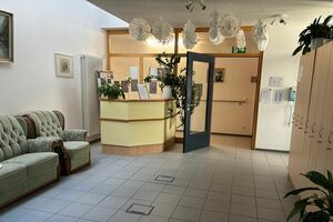 Empfangsbereich mit Tresen, Sofas, Pflanzen und Dekorationen